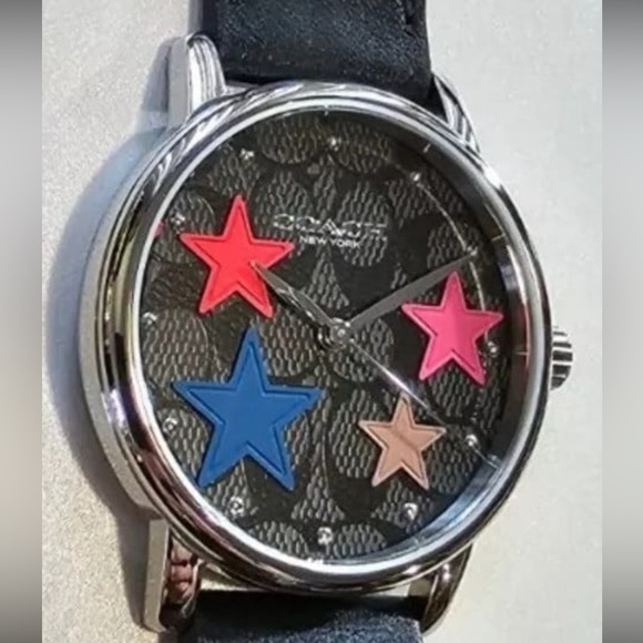 Coach Signature Face Watch With 36mm Black Face With Stars & Black Band - Picture 2 of 5